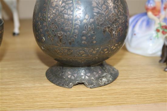 A 19th century Indian Bidri ware bottle vase and a similar bowl vase height 24cm